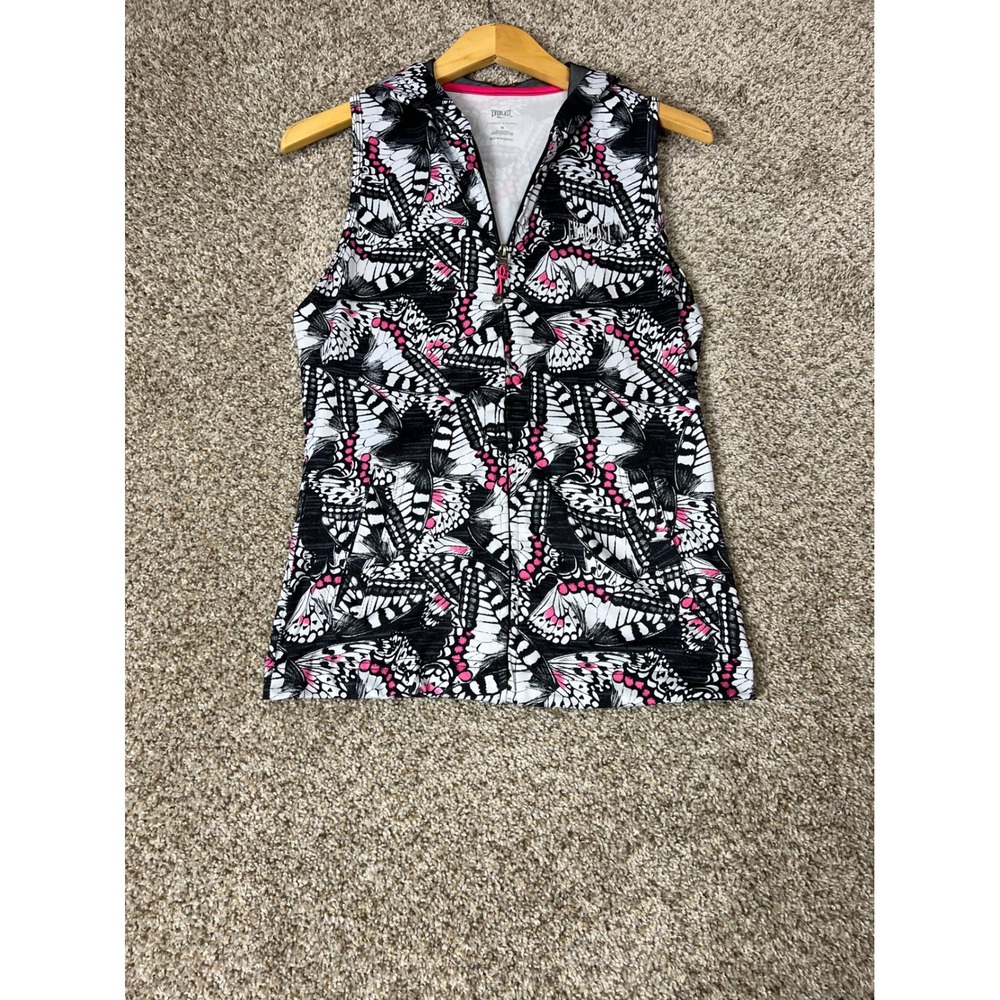 Everlast Everdri Women Butterfly Print Sleeveless Hoodie Zip Front Pink Black M
